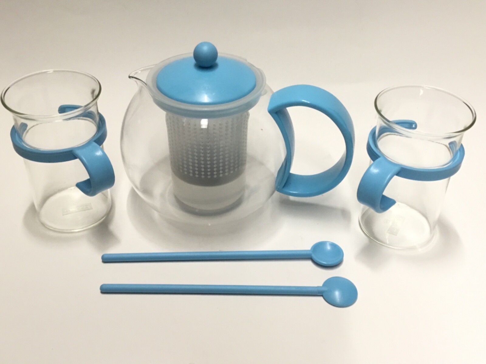 Bodum Blue Bleu Assam Set Tea Press 2 Glass Mugs 2 Spoons  L