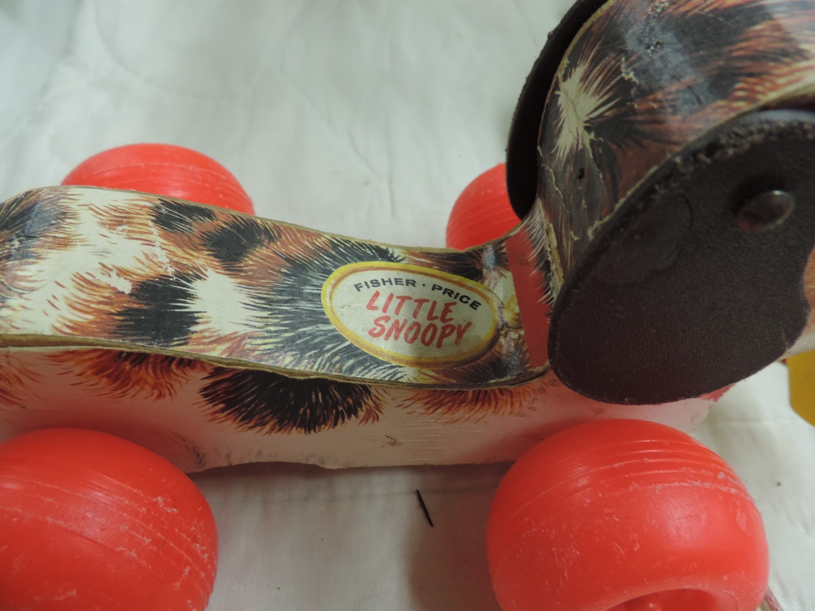 Vintage Lot 4 Fisher Price Wood Pull Toys Seal Dog Cow and Drum Set