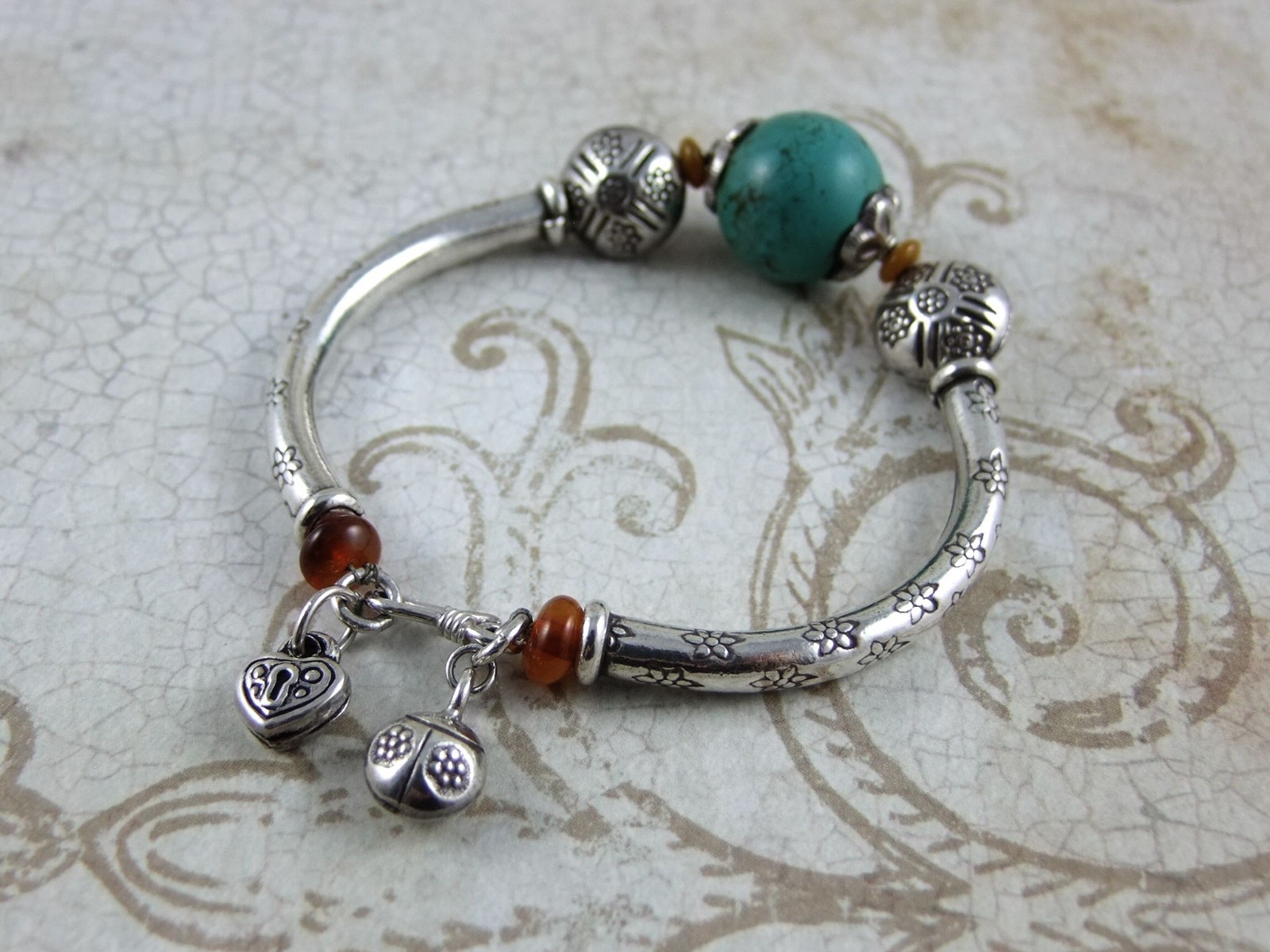 Handmade Thai Sterling Silver With Turquoise Bead Bracelet - 60mm.