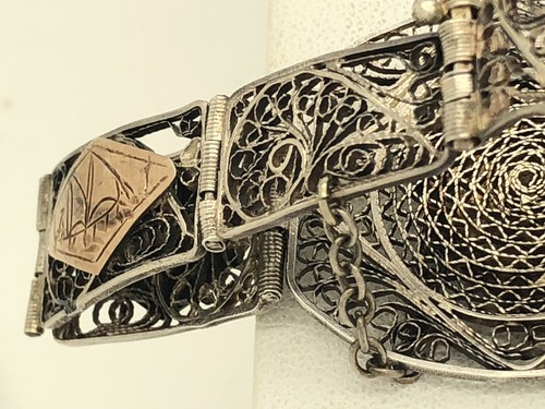 Egyptian Revival Sterling Silver Gold Accent Bracelet Filigree Sphinx Pyramids