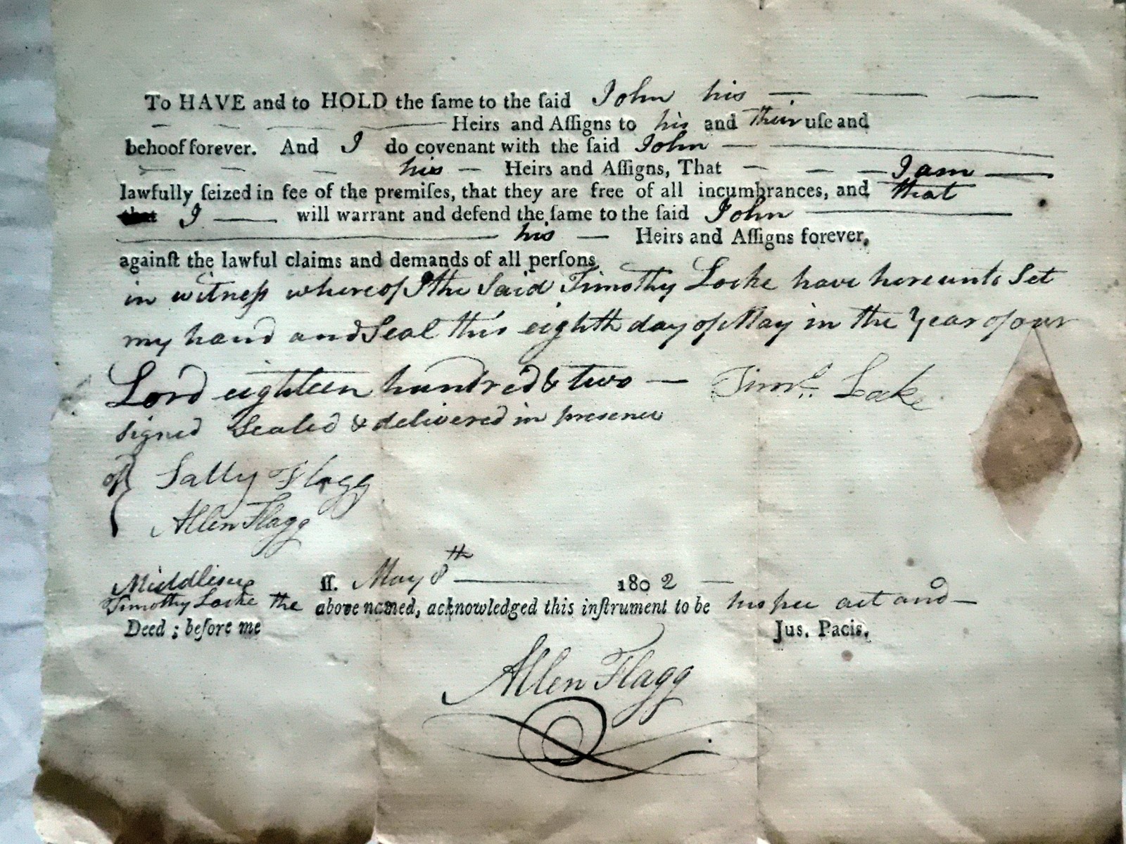 1802 signed document deed Westford MA Ashby Allen Flagg Timothy Locke Chelmsford