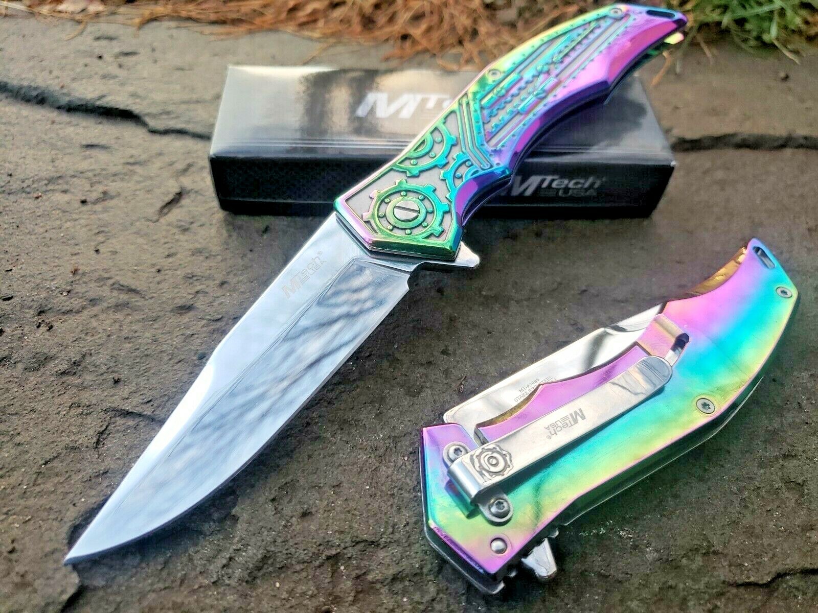 Rainbow Mirror Polish Spring Assisted Pocket Knife Gears