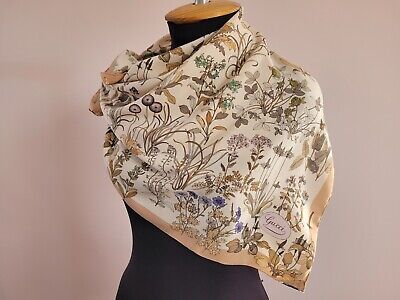 80s Rare GUCCI Floral Silk Scarf/Foulard Brown & Ivory, 83cm x 84cm,Vintage