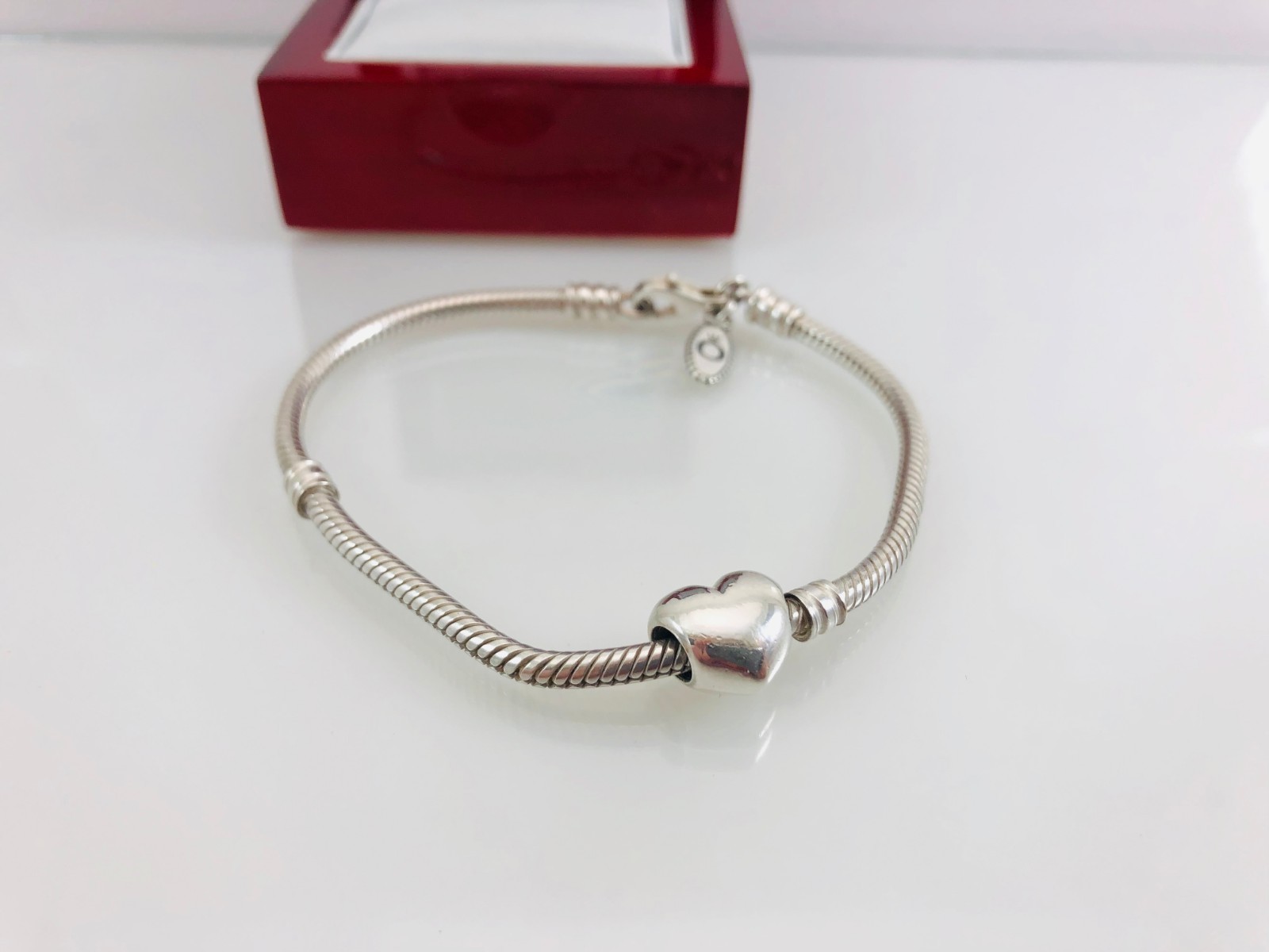 PANDORA Authentic 925 ALE Sterling Silver Bracelet w/ Puffed Heart Pandora Charm