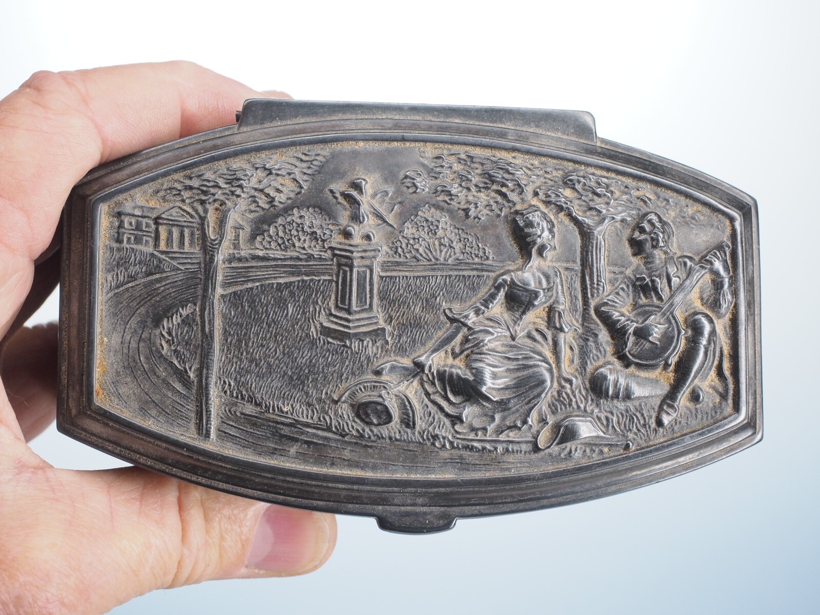 Antique metal jewelry casket box marked W.B Mfg. Co. Weidlich Brothers