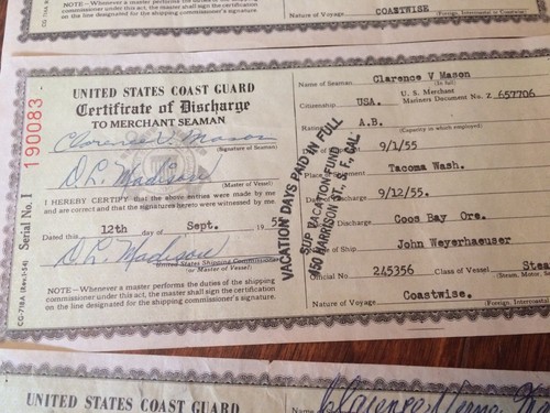 7 1955 U.S. Coast Guard Certificate of Discharge Merchant Seaman Steam Vessels