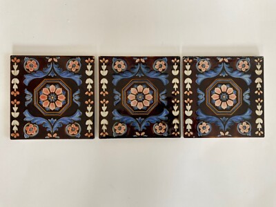 3 BEAUTIFUL VINTAGE  FLORAL ART  TILES PORCELAIN  MADE IN JAPAN