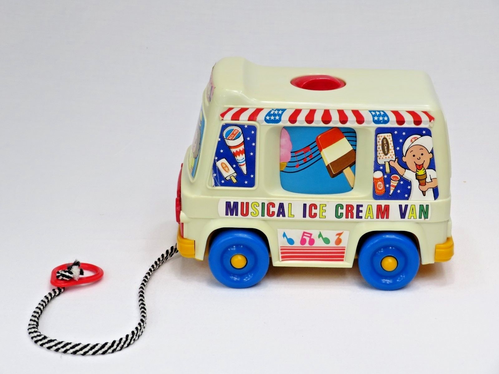 Vintage Musical Ice Cream Van Pull String Wind Up Toy Carousel Truck  Blue Box
