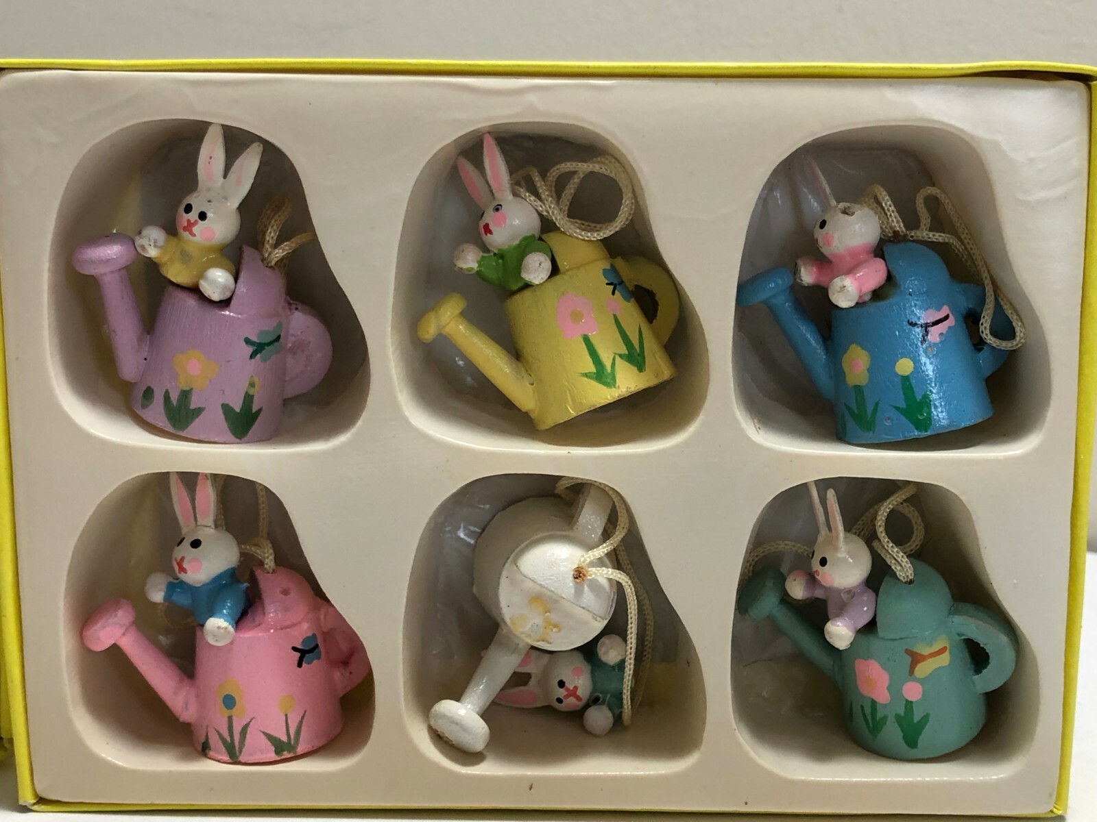 Lot 12 Vtg Painted Wooden Easter Ornaments Bunnies Rabbits Watering Cans Spring