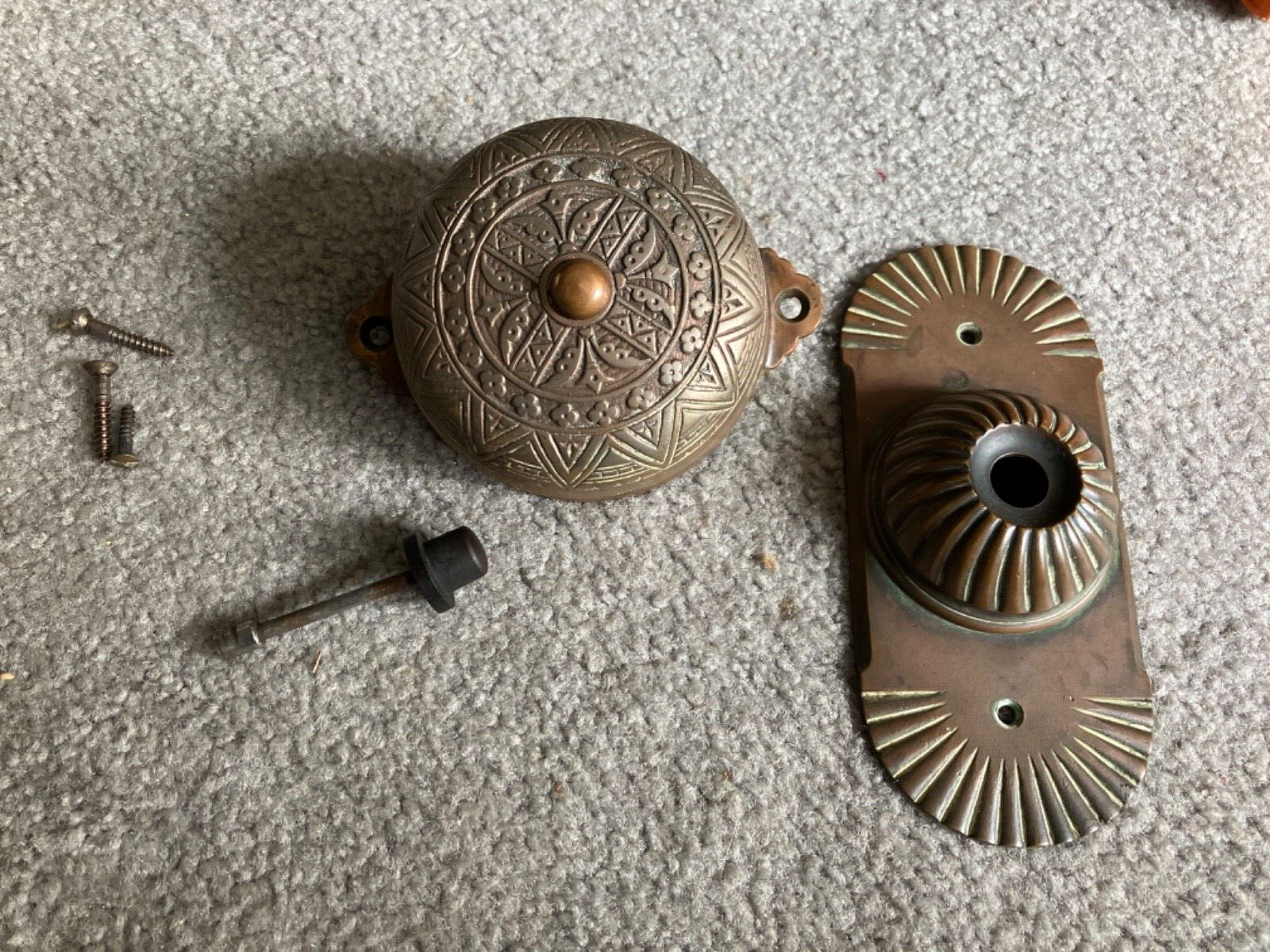Antique Victorian Ornate Mechanical Doorbell Fancy Brass  1899