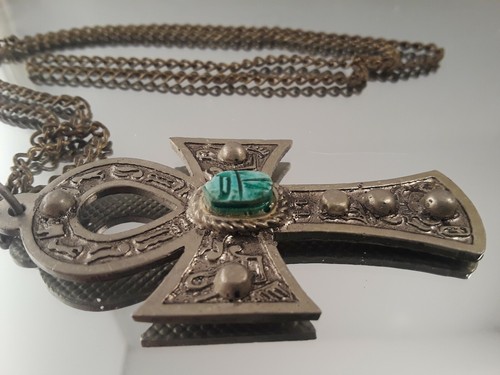 EGYPTIAN REVIVAL BLUE/GREEN SCARAB  NECKLACE SILVER TONE 24 inch long