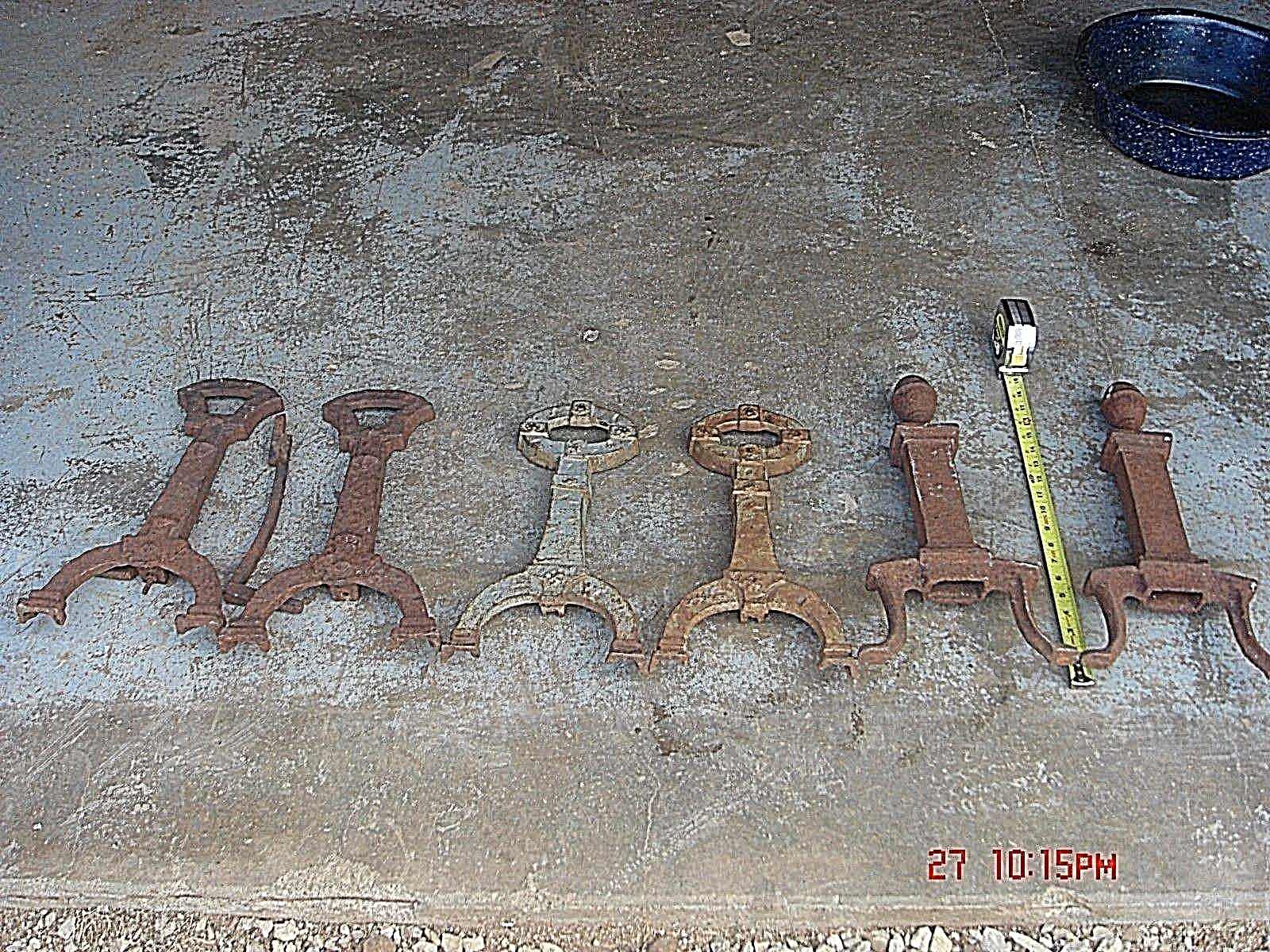 3 Vintage Antique Cast Iron Fire Place Andirons Bar Rails Wood Log Holders Lot