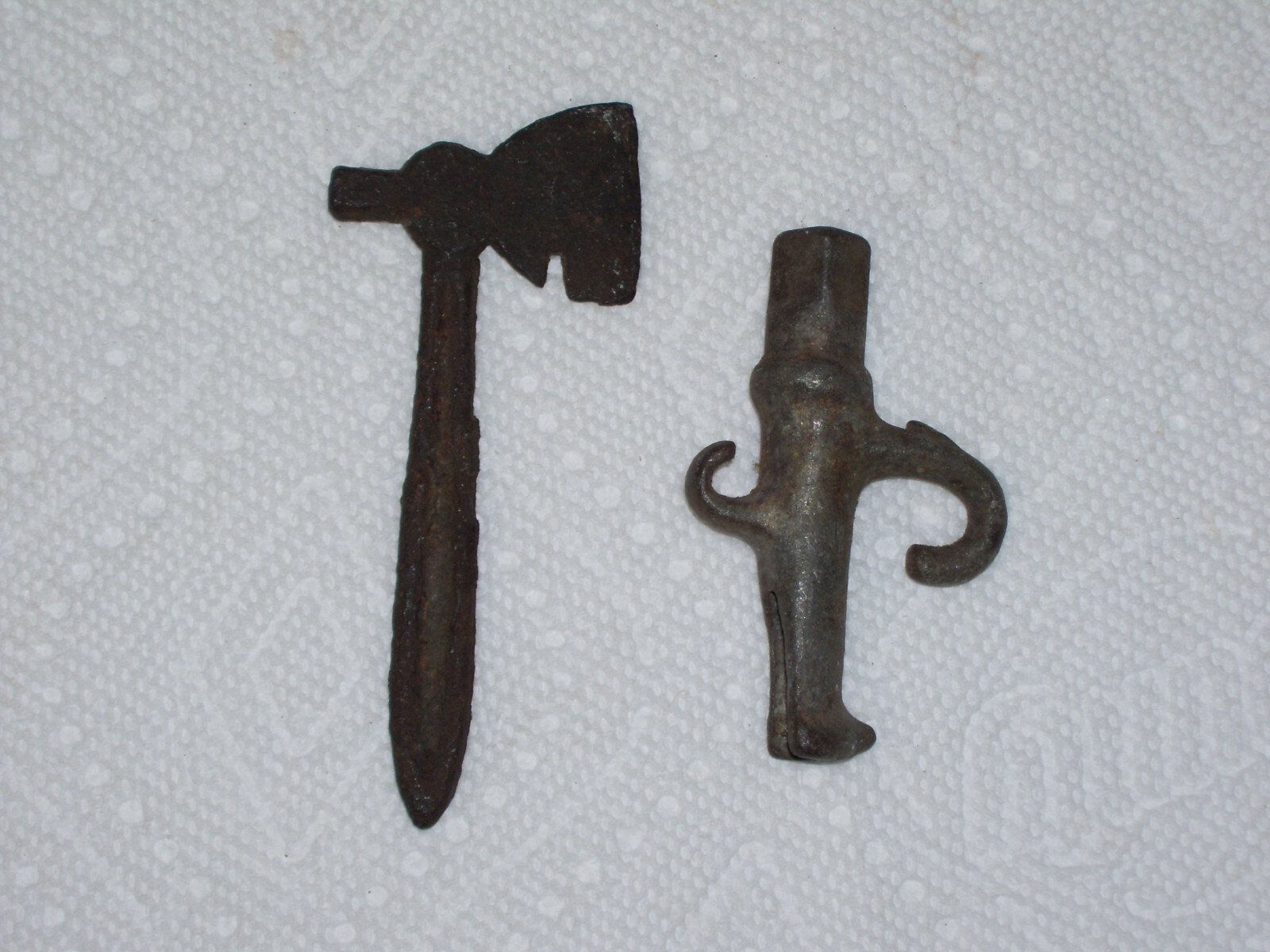 Lot of Antique Cast Iron Items,Toy Pans, Clothes Irons, Ax, Copper Frog in Bowl