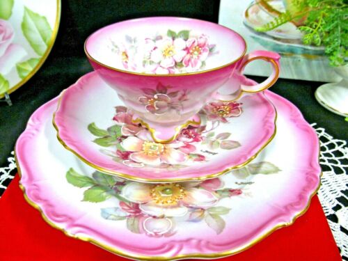 German tea cup and saucer trio pink painted blossom teacup footed signed Germany