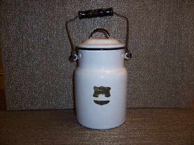 Vintage Small Enamelware Cream Can Pail Bucket White W/ Black Trim