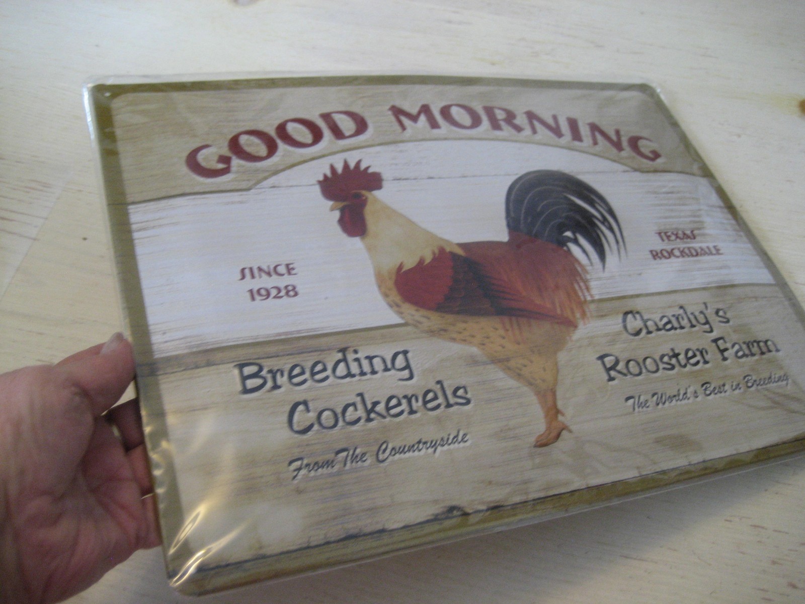 NEW  Nostalgic Art RETRO CHARM Charlys Rooster Farm GOOD MORNING TIN LITHO SIGN