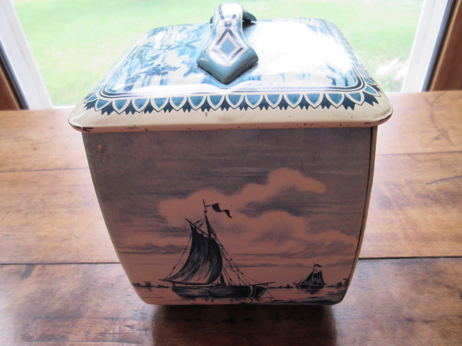 VTG Blue & White Tin Featuring Dutch Windmills & Boats Made in West Germany