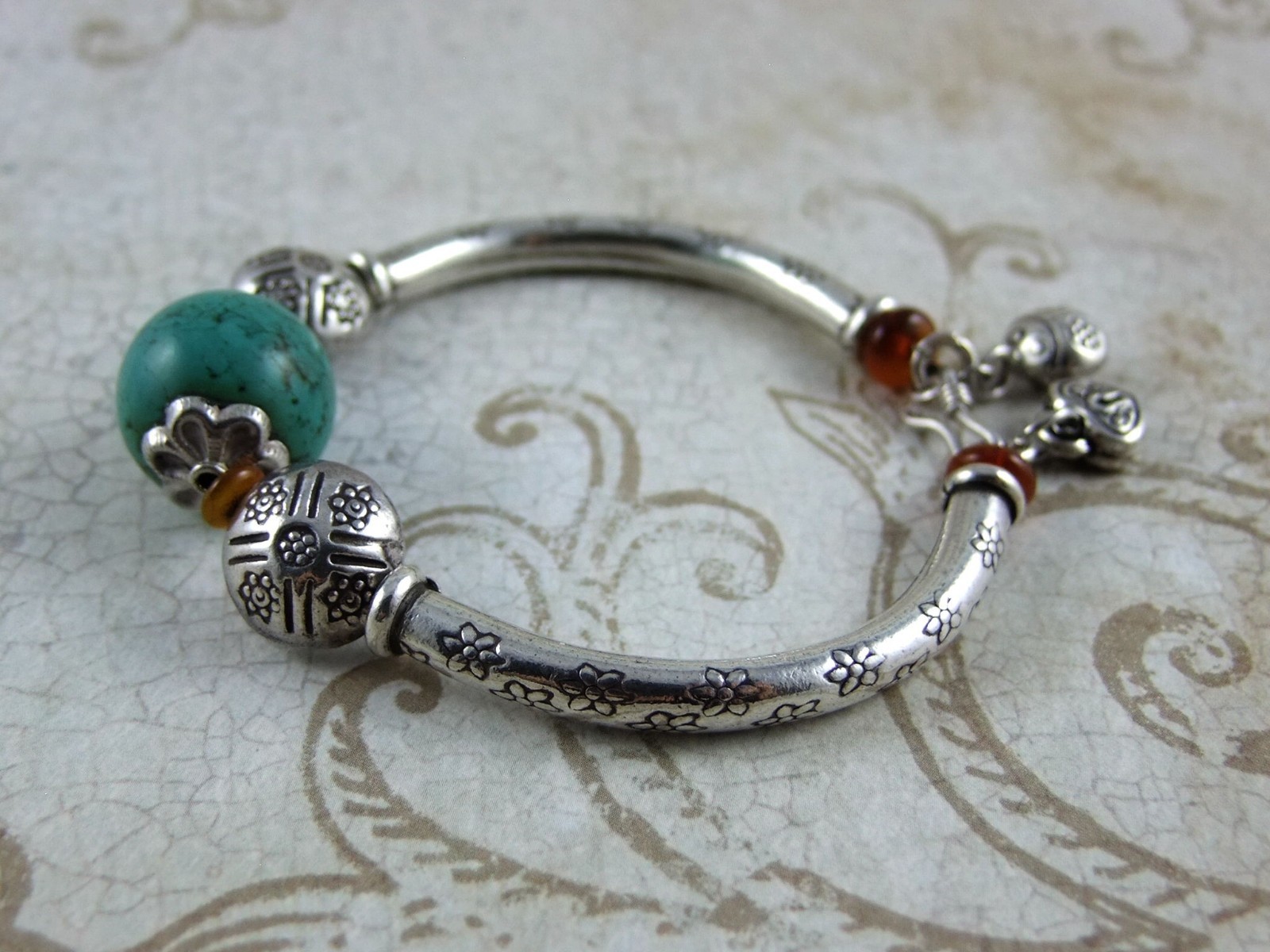 Handmade Thai Sterling Silver With Turquoise Bead Bracelet - 60mm.