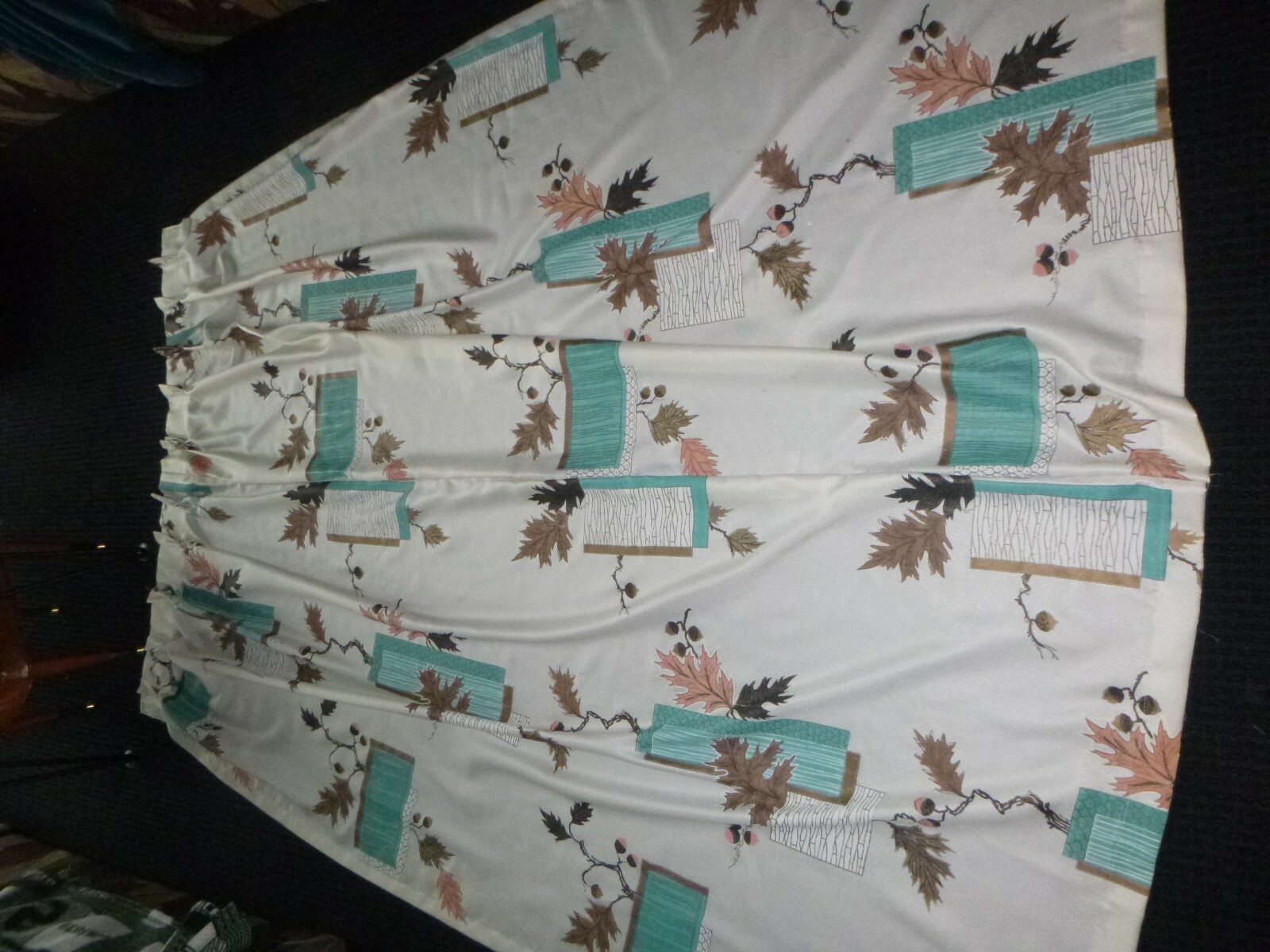 Vtg MCM Pinch Pleat Curtain Panel Synthetic Fabric Aqua Gold 43x80 CUTTER #2