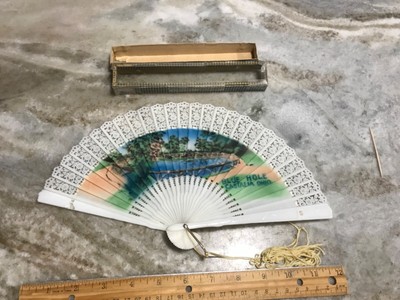 Blue Hole souvenir fan   in original box .. Castalia OH.    old collectible