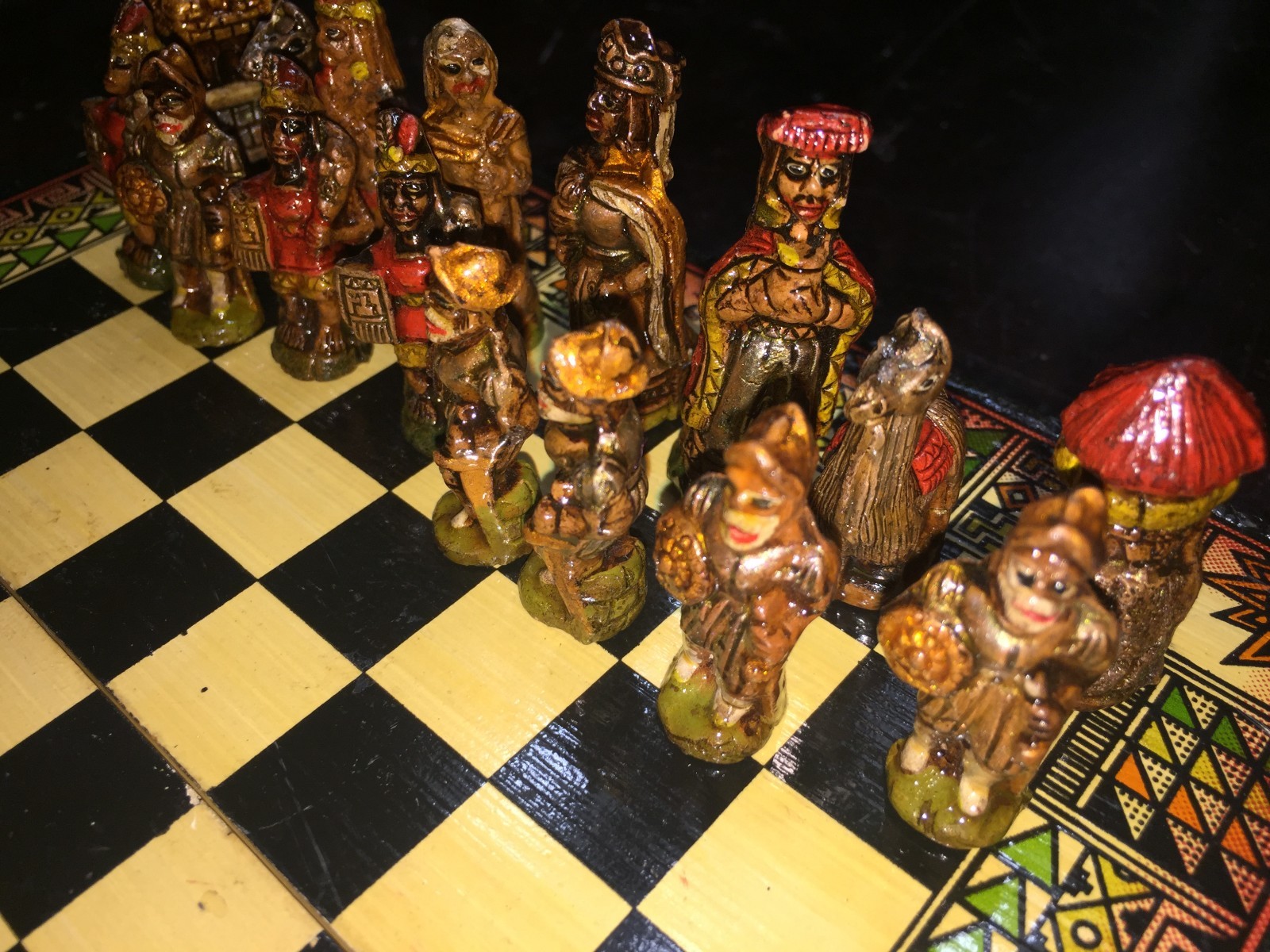 Unique Chess Box with board Arabian Pieces Indians Camels Small Rare History