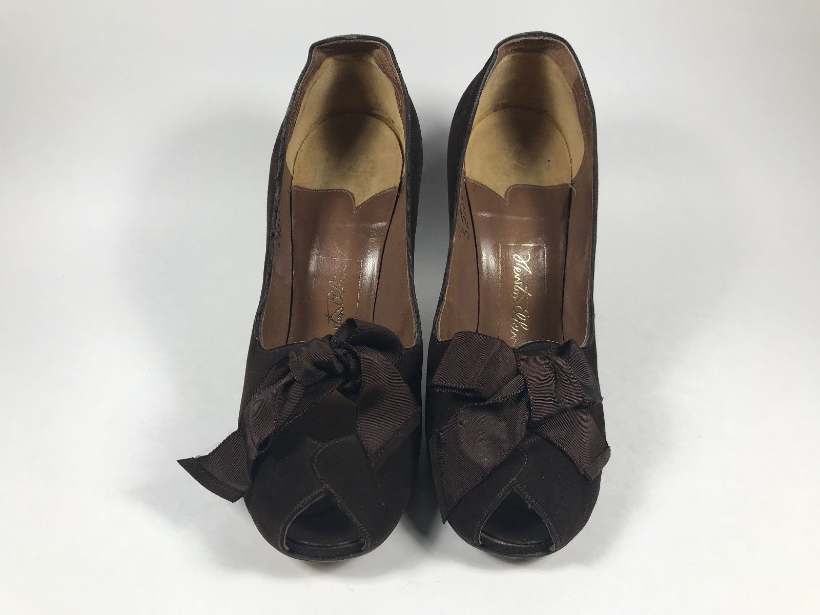 40s Shoes Heels Brown Bow Suede Leather Peep Toe 7