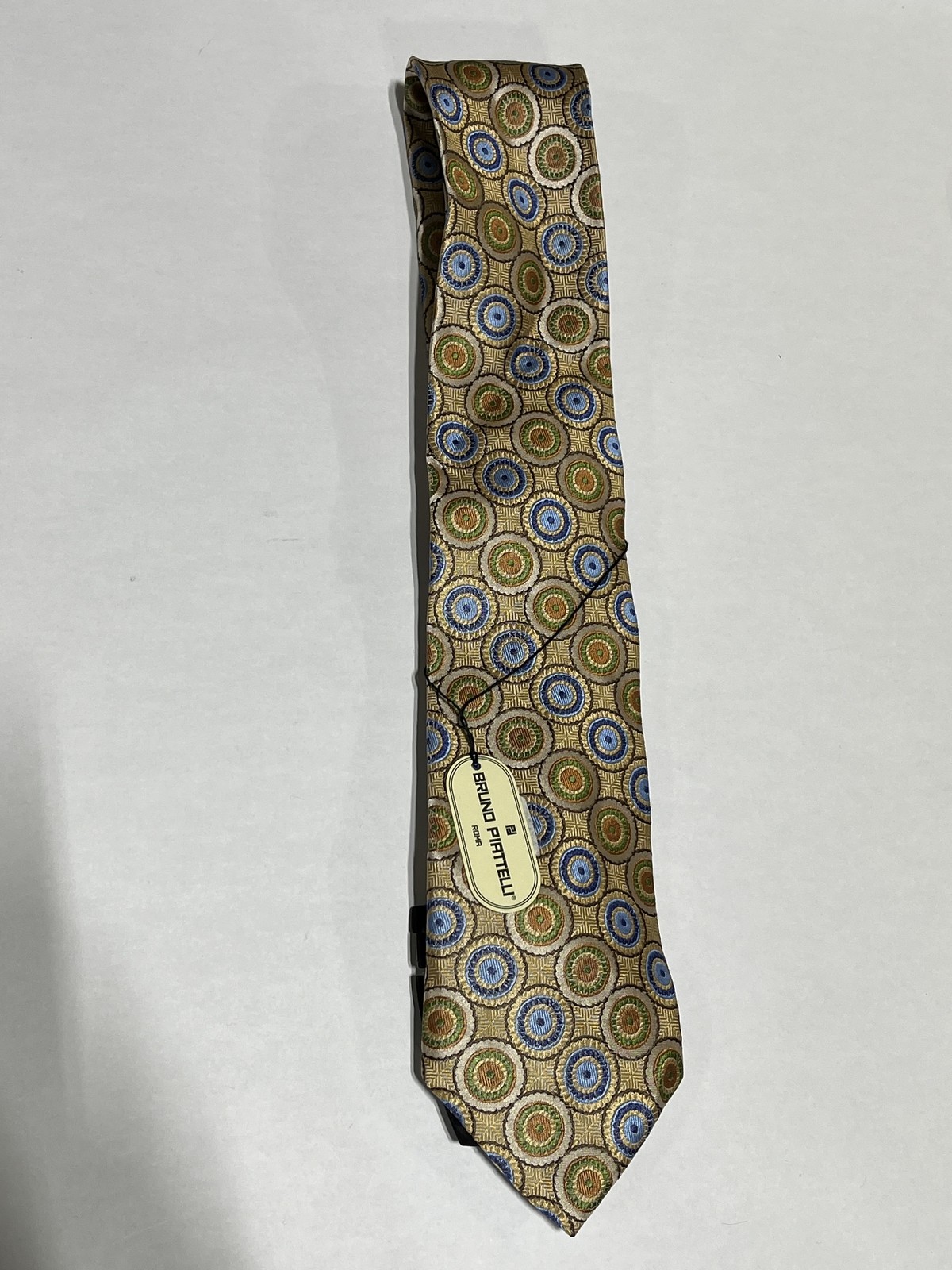 Mens Bruno Piatteli Brown Blue Circle Pattern Tie Pure Silk Hand Made NEW