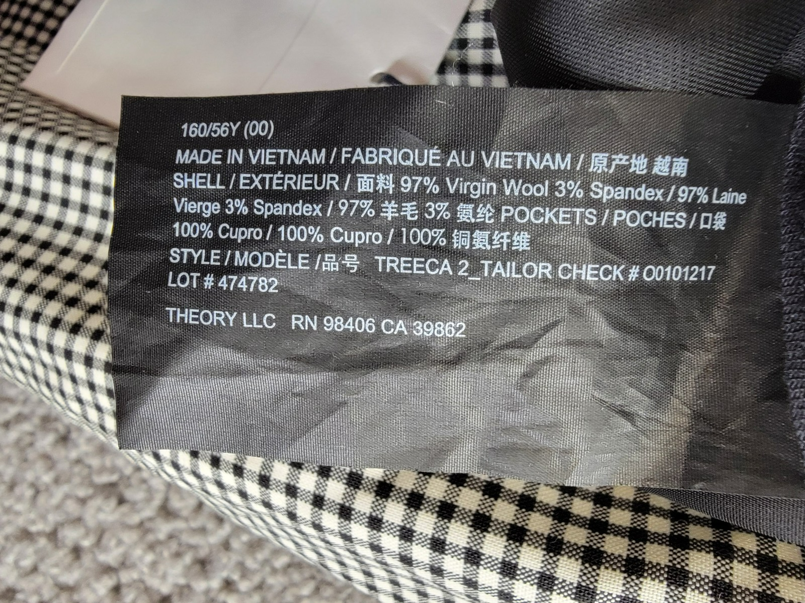 Theory Tailored Check Cropped Pants Women' 00 Black Multi Wool Blend Hook & Bar - Picture 15 of 18