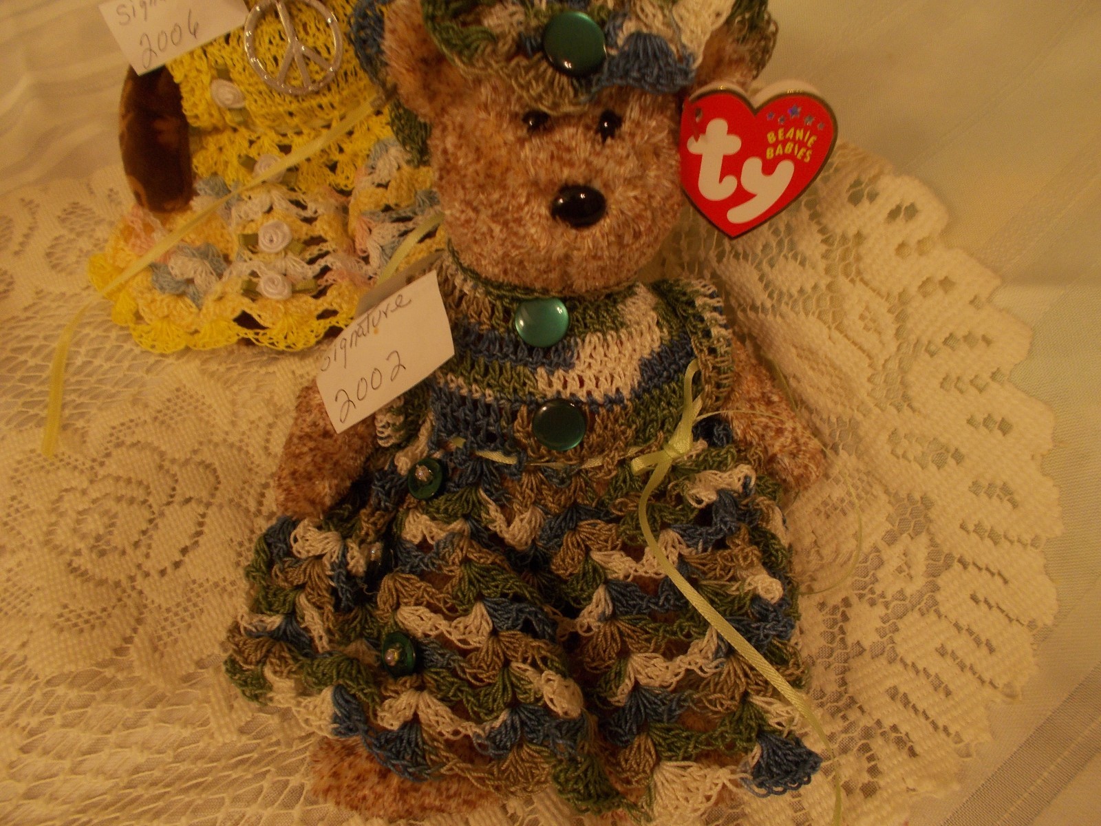 TY SIGNATURE  BEAR (9) WITH CROCHET DRESS SET MADE BY SELLER. NEW COTTON THREAD.