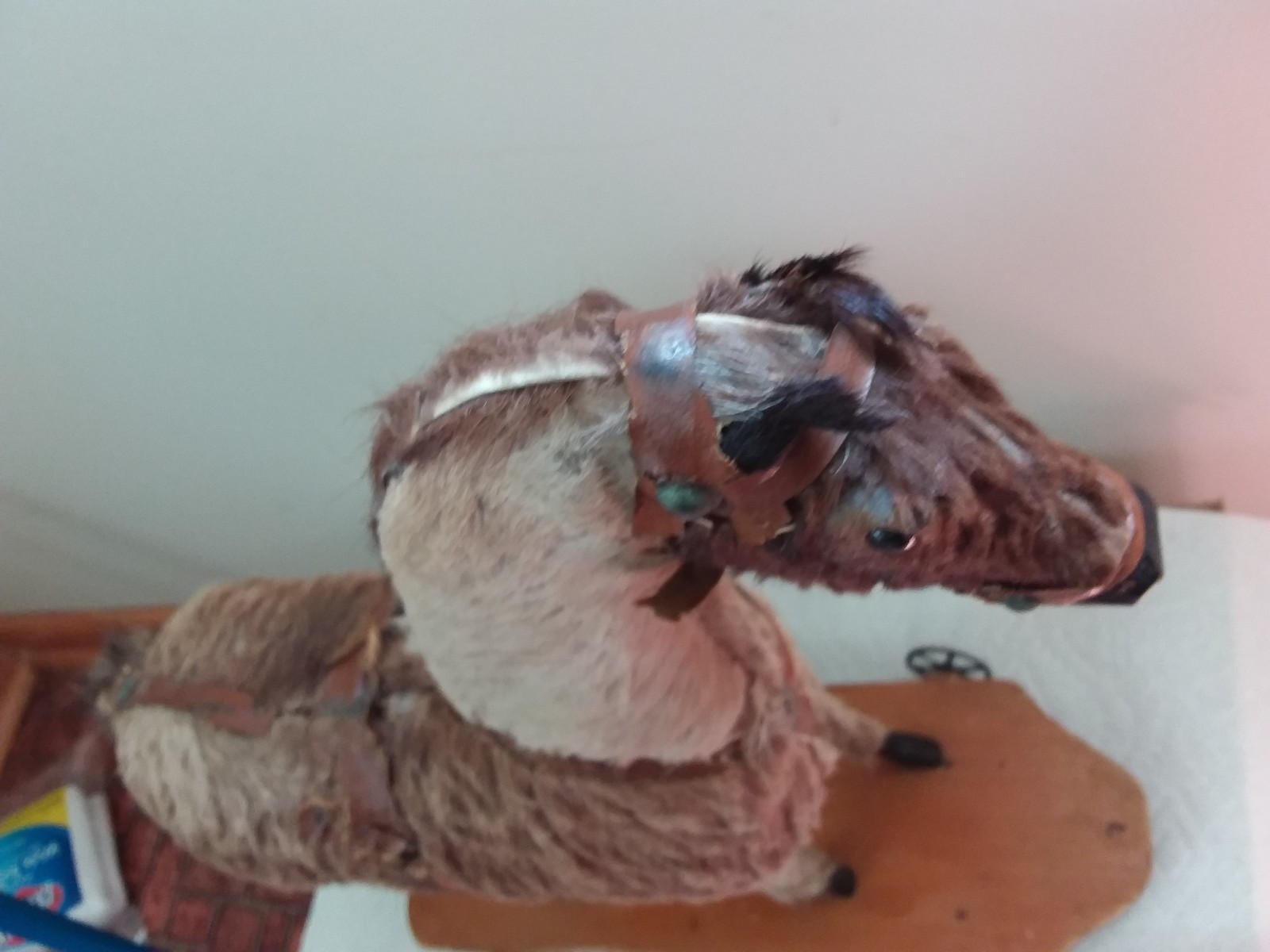 horse pull toy, German , wooden base w/all 4 wheels, fur, horse hair mane & tail