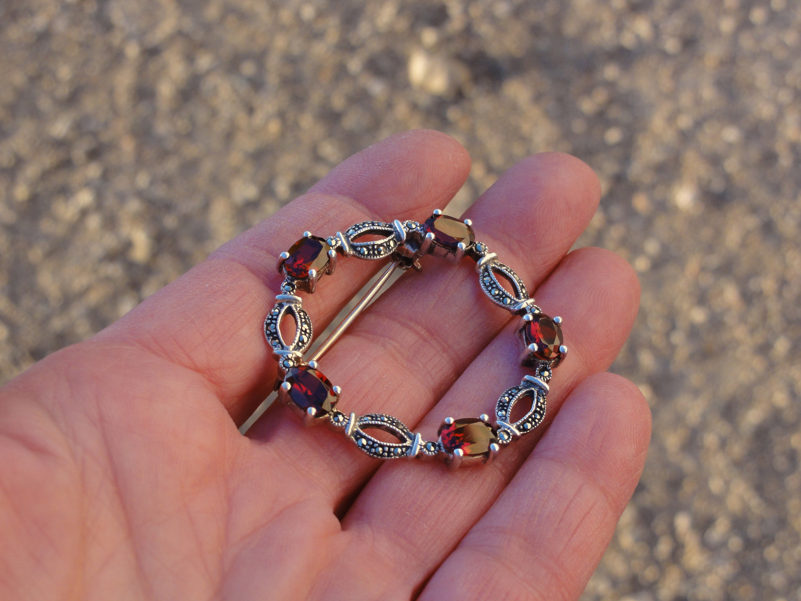 Estate Signed CPT Sterling Silver Marcasite Red Stone 1-1/2