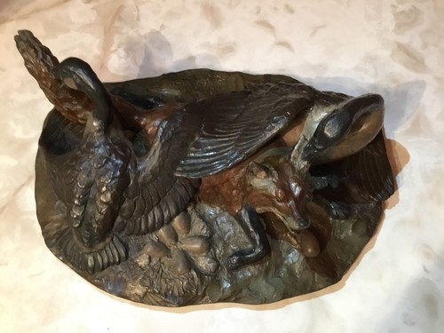 William H Turner Bronze Beautiful Two Geese Get Revenge On A Fox Signed Numbered