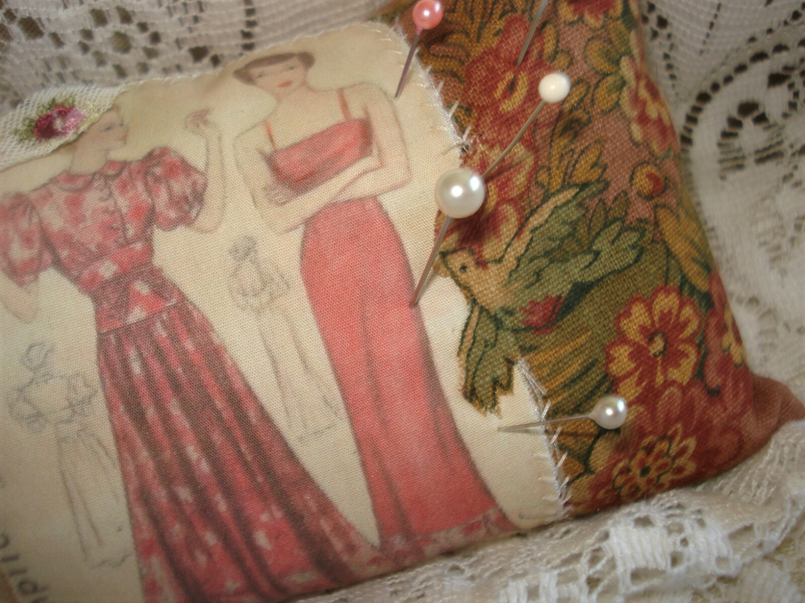 OOAK Handmade PINCUSHION Vtg 30s Simplicity Pattern Image of Pretty Ladies Gown
