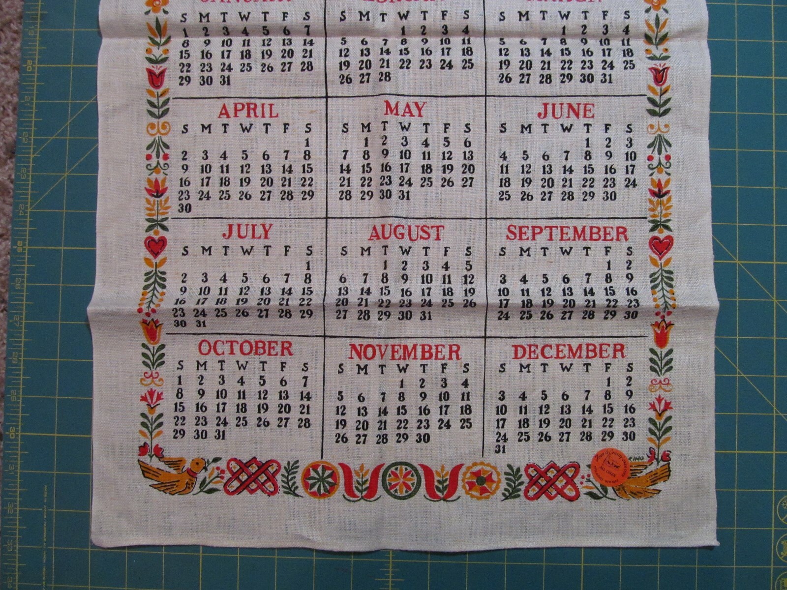 Vintage 1967 Linen Cloth Wall Calendar Tea Towel NEVER USED 
