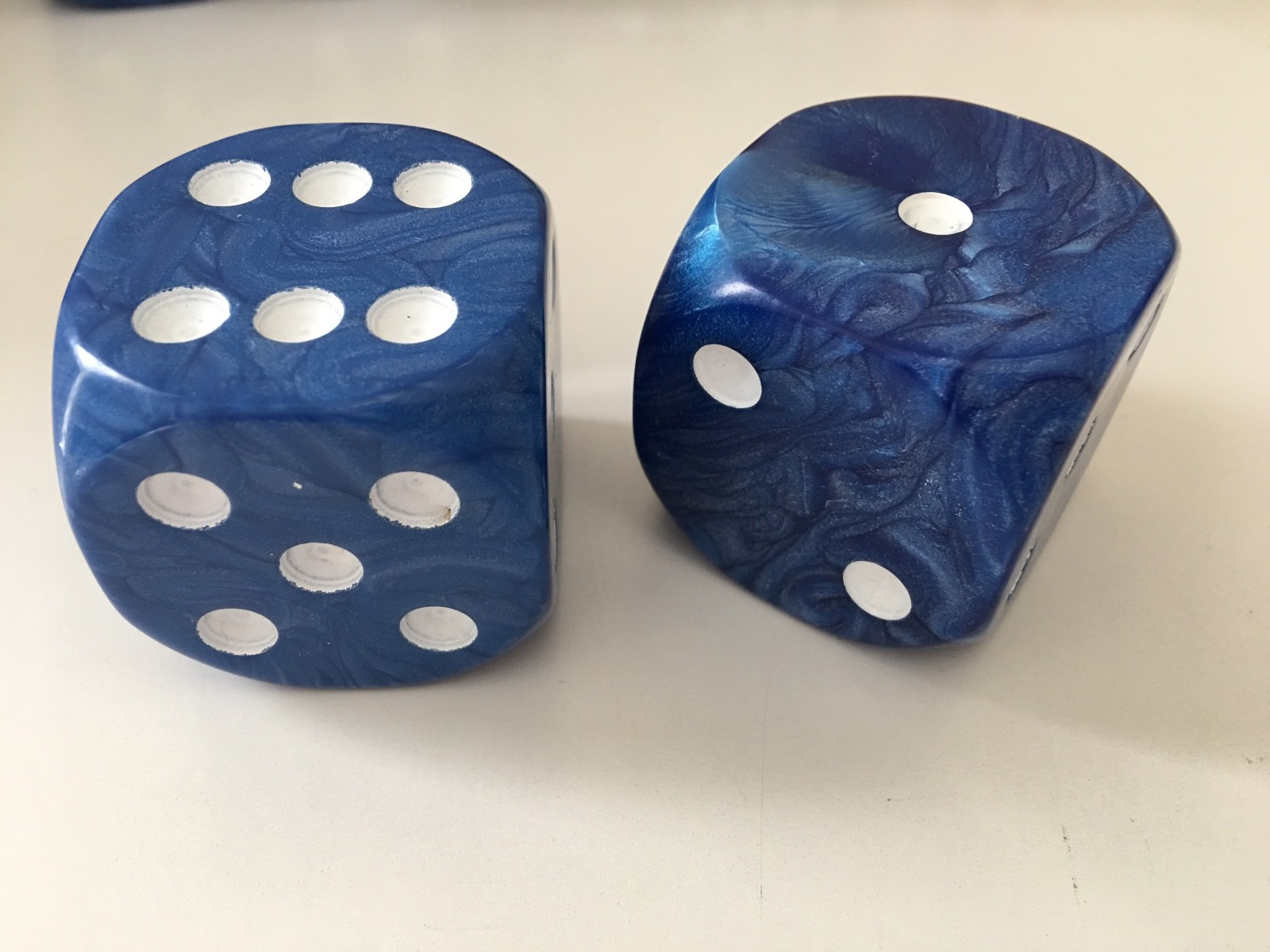 2 36mm Jumbo Large D6 Dice Blue Pearl with White Pips High Quality D & D RPG