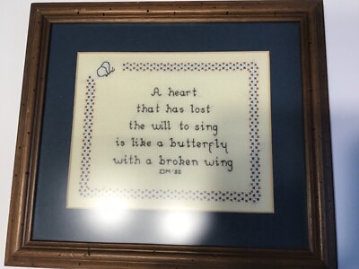 Cross Stitch Sampler Framed A Heart That Has Lost The Will To Sing Vintage 1980 