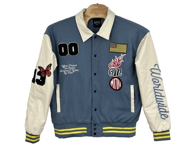 Boohoo Man Varsity Bomber Jacket Limited Edition Mens SZ-2X w/ Patches Blue NWOT