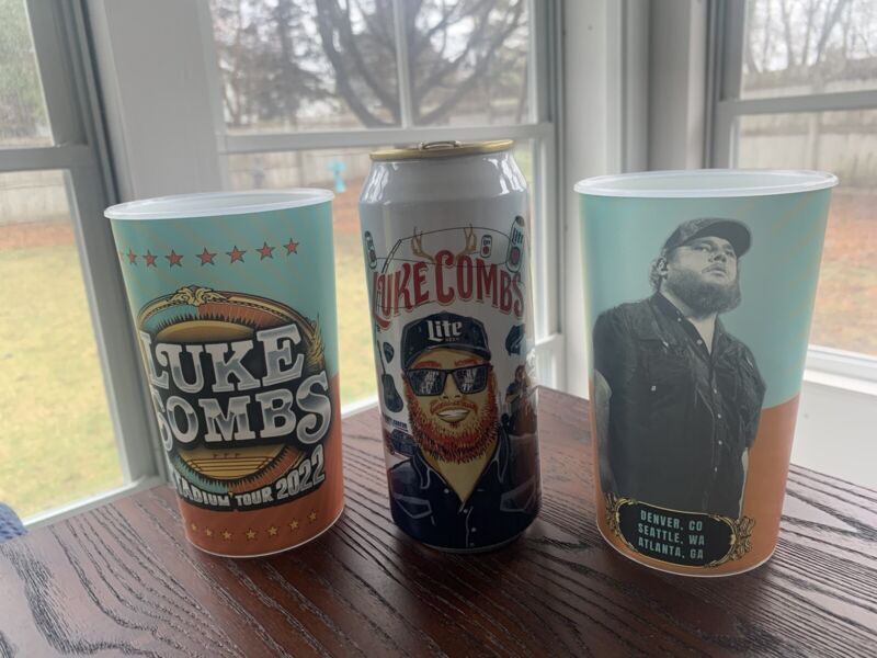 Luke Combs Miller Lite Beer can (empty) and Two Stadium Cups - Rare!