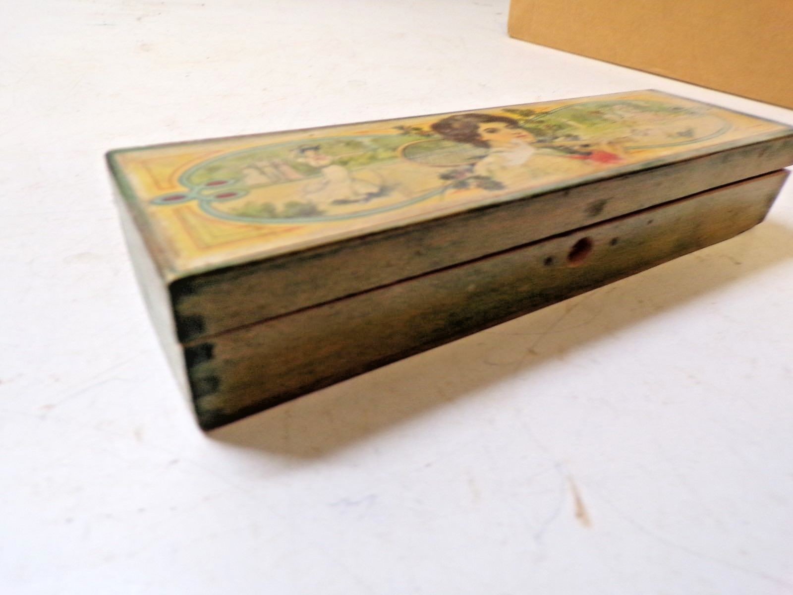 Vintage Wood  Pencil Box Victorian Ladies Playing Tennis Stecher Rochester NY