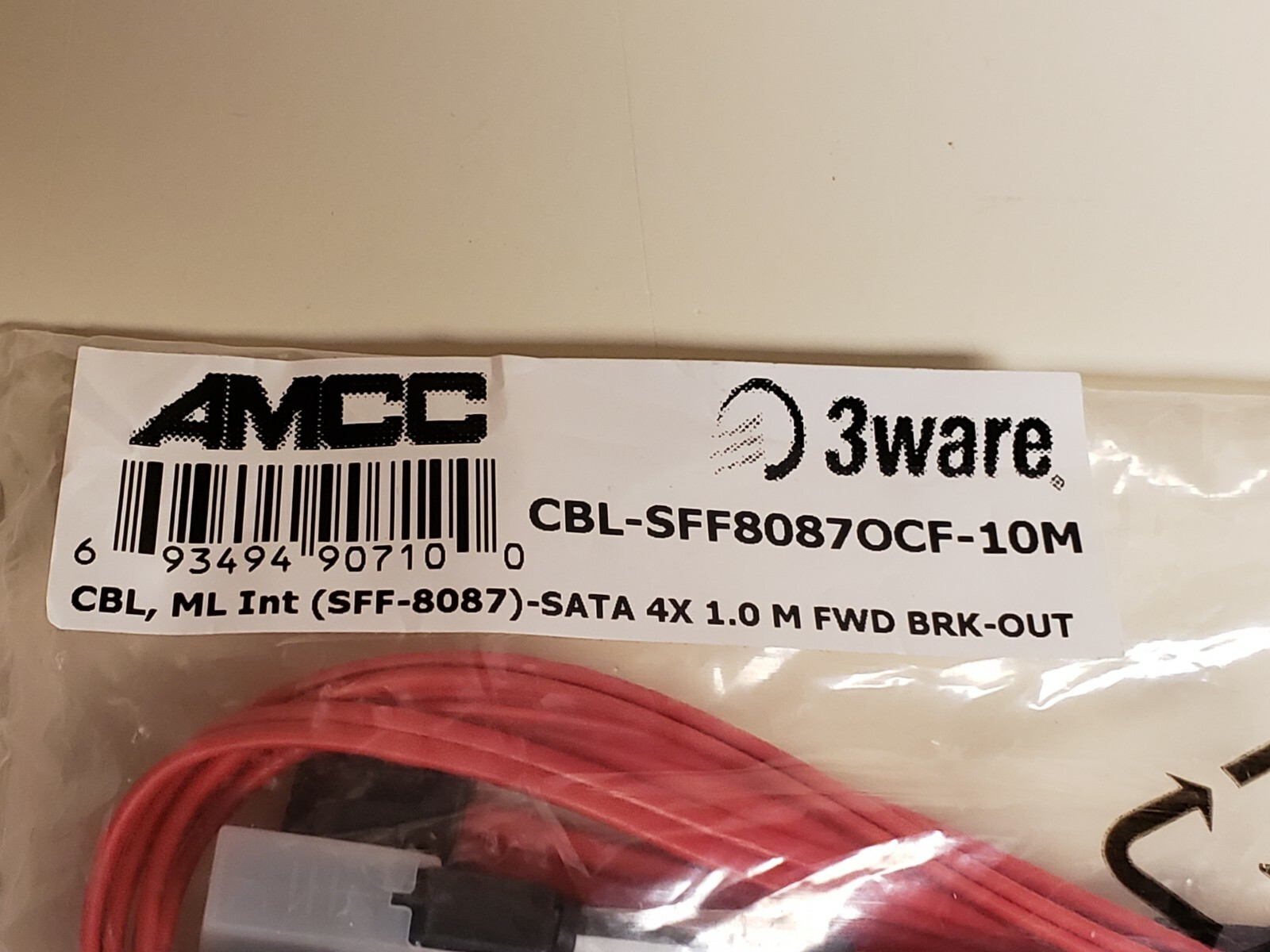 Genuine 3WARE 1M Mini-SAS (SFF-8087) to 4x SATA Internal FWD BreakOut Cable