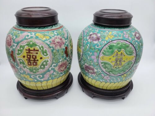  Antique Chinese 19th century nyonya straits porcelain  lidded  ginger jars PAIR