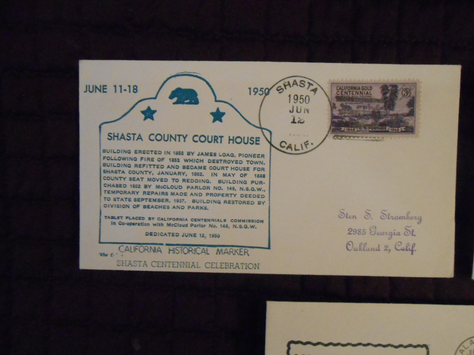 1949-50 CA ALEMEDA GOLD RUSH CENTENNIAL-HISTORIC SHASTA COURT HOUSE, CALVERITAS