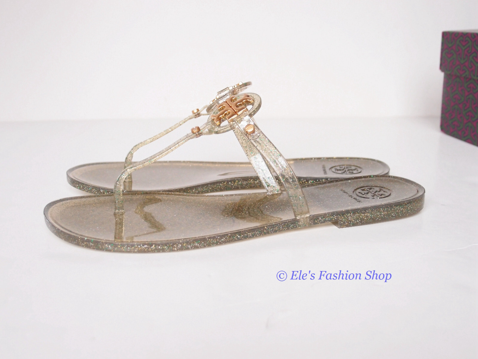 Pre-owned Tory Burch In Box  Mini Miller Jelly Thong Sandals Green Silver Gold Us 7