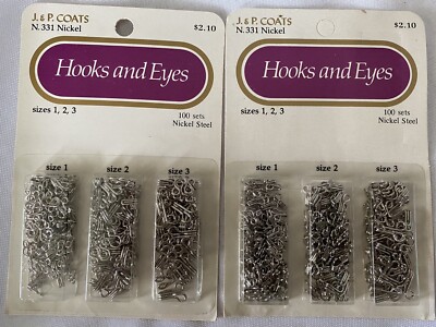 2 Packages J&P Coats Hook and Eyes 100 Sets Ea Nickel Steel Size 1,2 and 3