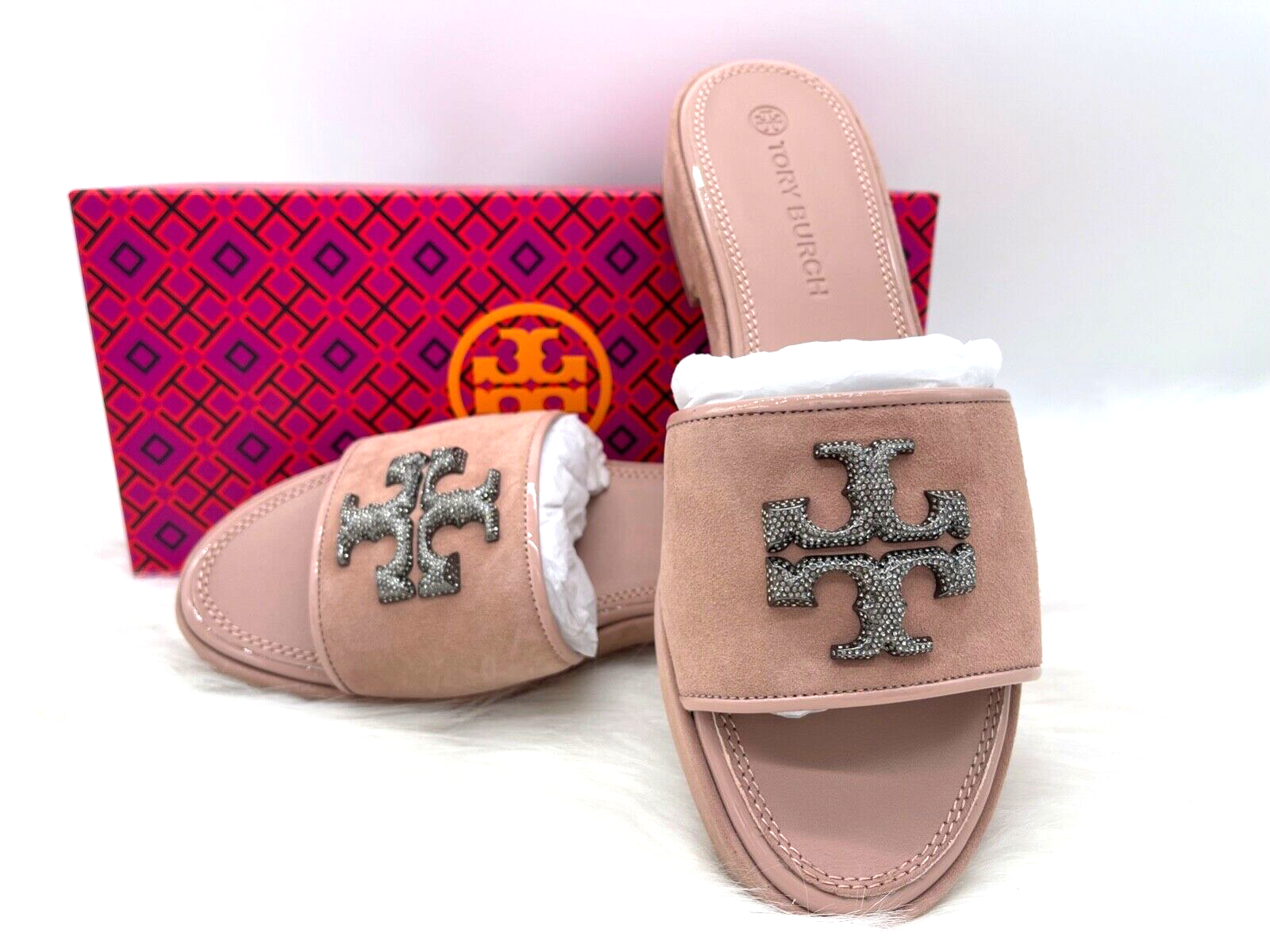 Pre-owned Tory Burch $348  Eleanor Crystal Double T Suede Sandals In Meadowsweet Sz 9.5