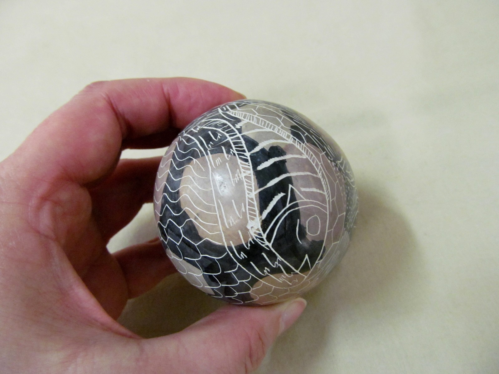 Hand Carved Etched Painted Decorative Stone Egg Native Fish Design Earth Colors