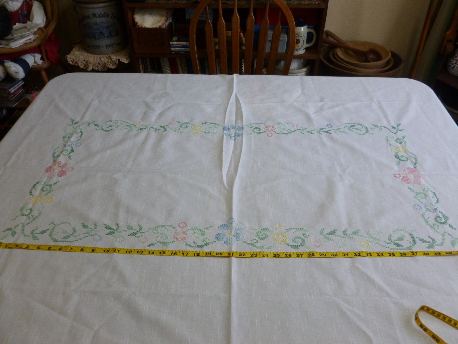 Vintage Embroidered Tablecloth Cross Stitch Floral Spring Large 78