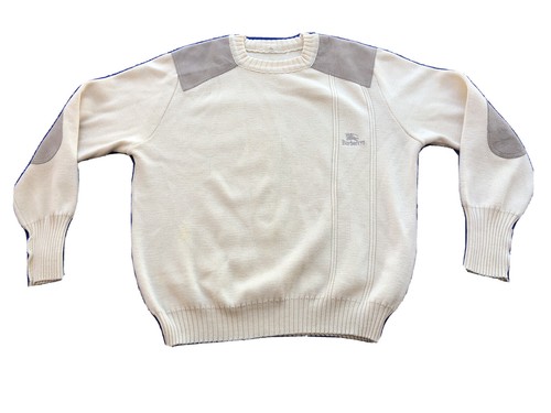 Vintage Burberrys Men's Cream 100% Wool Sweater Suede Elbow
