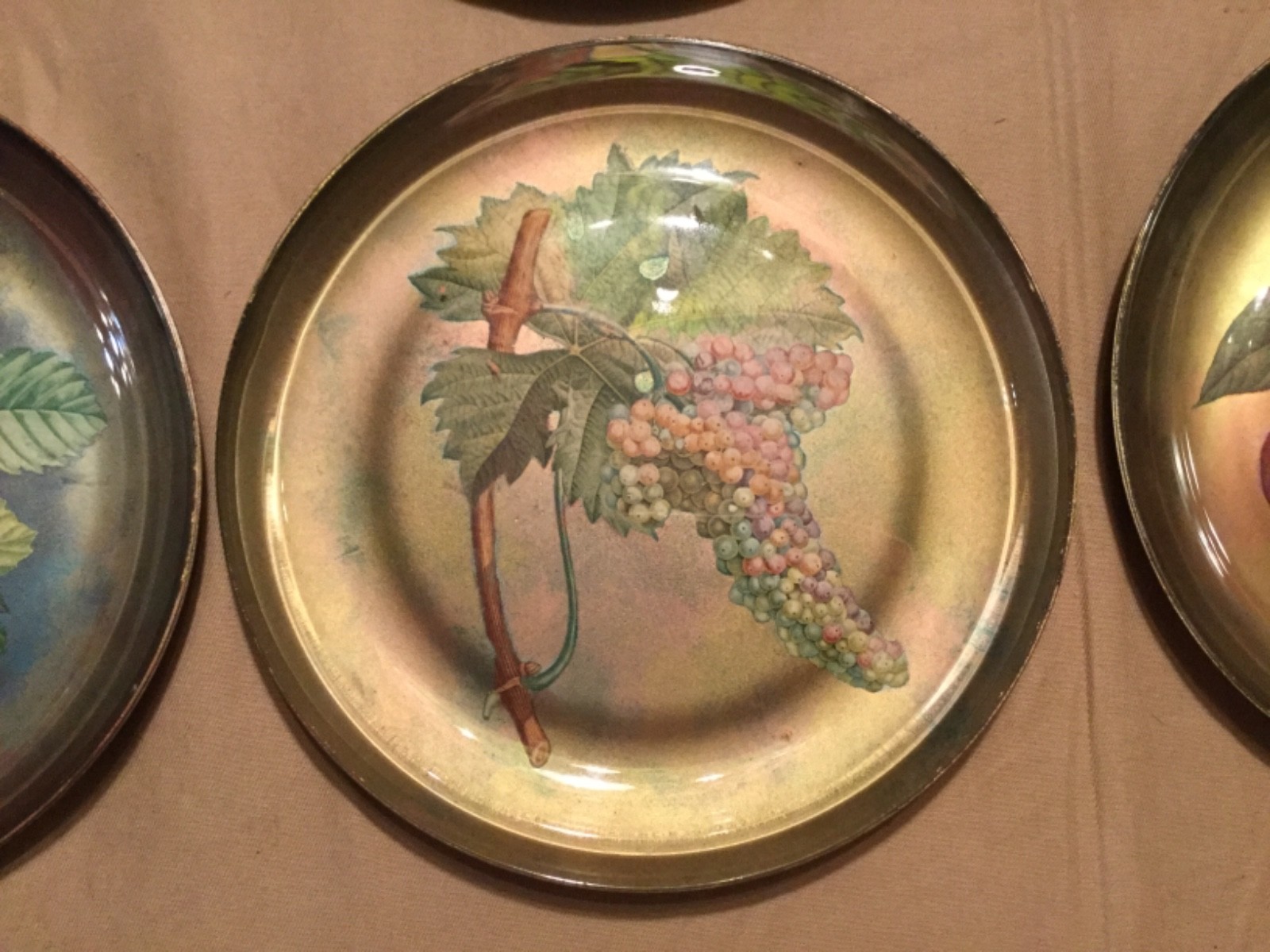8 Glass Plates with Fruit Applique and Gold Backs M. Halstad