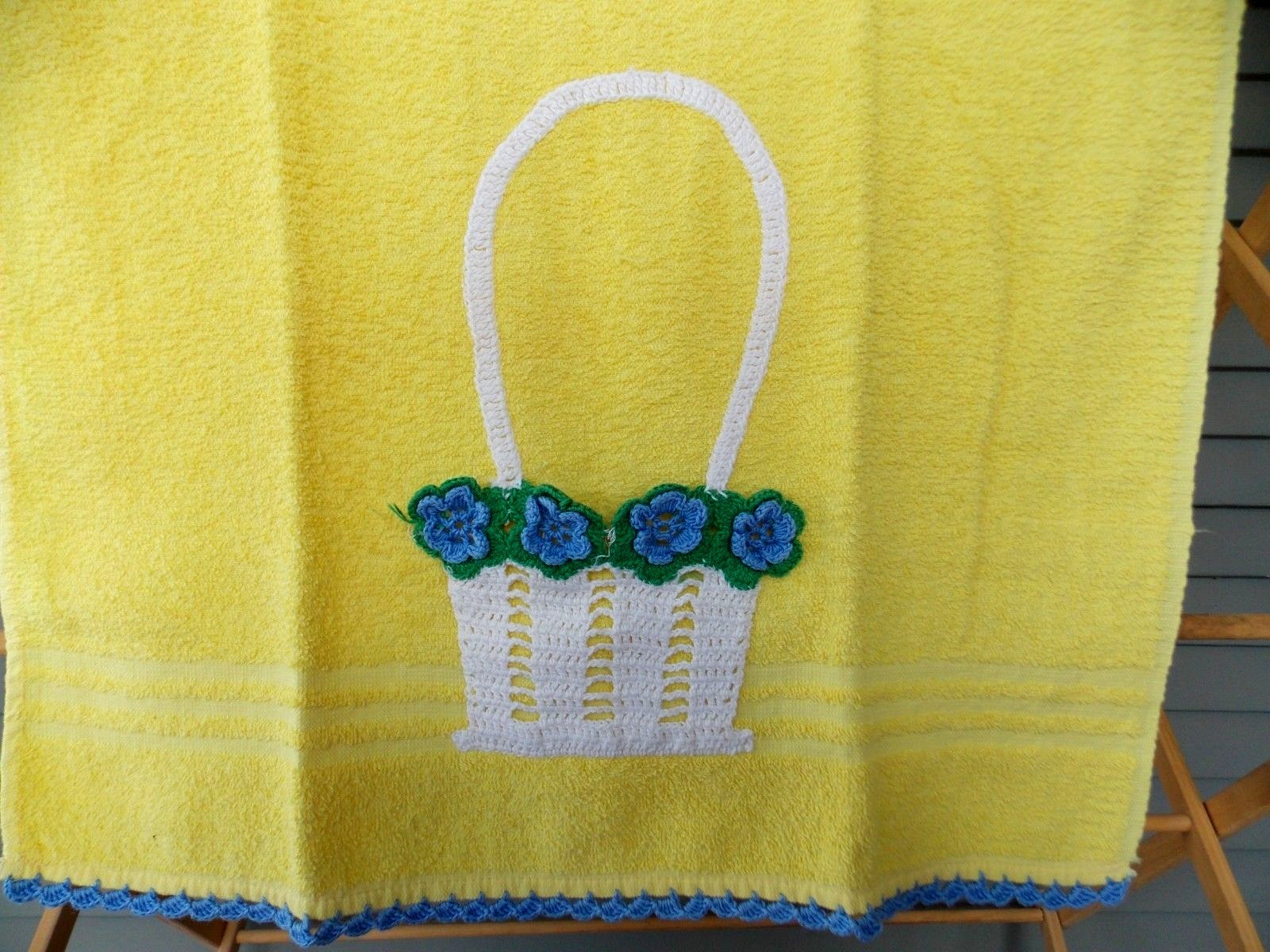 Vintage Terry Cloth Hand Bath Towel Yellow with Crochet Blue Flowers Basket Trim